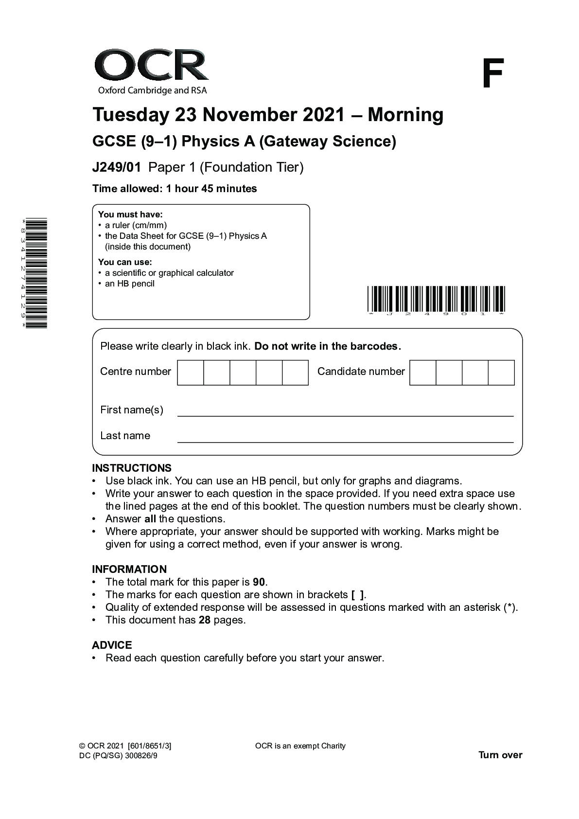 Preview of GCSE (9–1) Physics A (Gateway Science) J249/01 Paper 1 (Foundation Tier). November 2021. Q